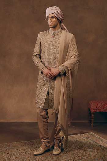 Beige Heritage Embroidered Sherwani Set