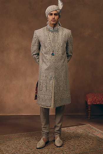Grey Heritage Embroidered Sherwani Set