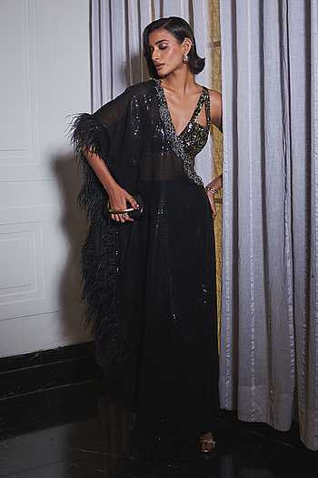 Hand Embroidered Ruffle Pre-Draped Saree Set