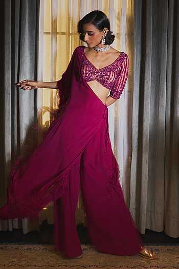 Hand Embroidered Pre-Draped Saree Set