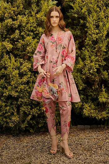 Floral Print Chanderi Kurta & Dhoti Pant Set