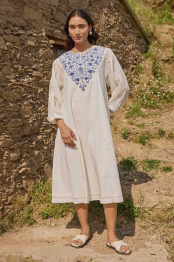 Hand Embroidered Panel Mul Chanderi Midi Dress