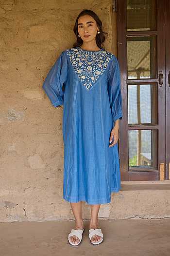 Hand Embroidered Panel Mul Chanderi Dress
