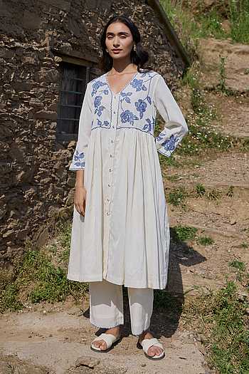 Hand Embroidered Organic Cotton Kurta & Trouser Set