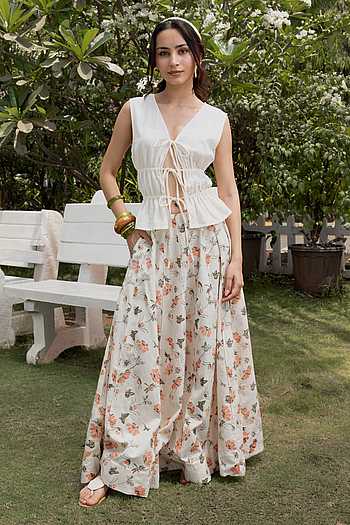 Tie-Up Top & Printed Skirt Set