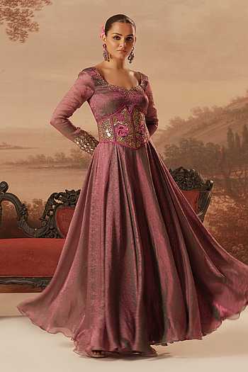 Hand Embroidered Jacquard Silk Gown & Belt Set