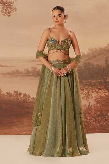 Hand Embroidered Jacquard Silk Lehenga Set