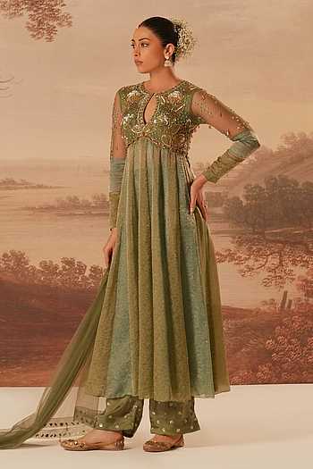Hand Embroidered Jacquard Silk Anarkali Set