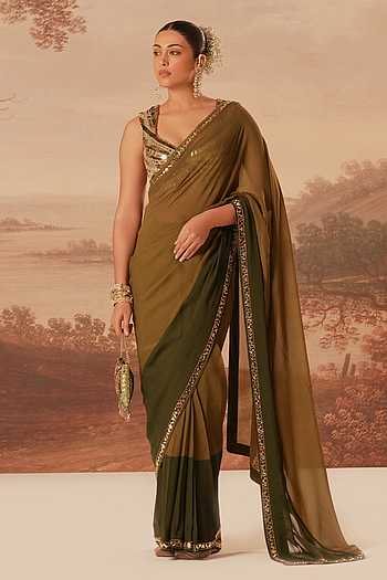 Tonal Color Block Georgeete Saree & Blouse Set