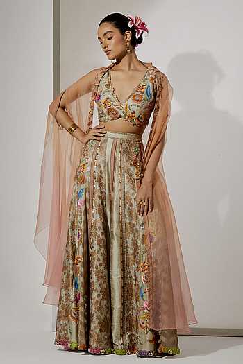 Beige Gold Embroidered Cape Sharara Set