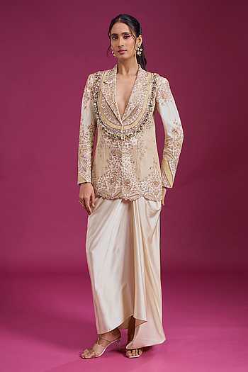 Embroidered Blazer & Draped Skirt Set