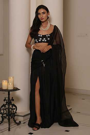 Zara Pre-Draped Slit Saree With Embroidered Blouse