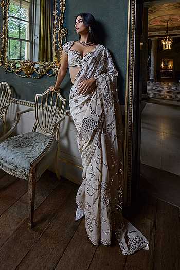 Beige Mirror Work Saree With Blouse