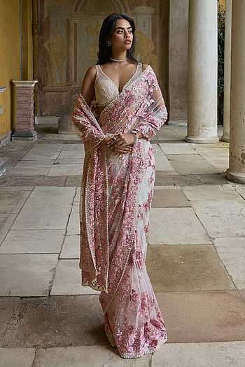 Pastel Pink Thread Work Saree With Blouse
