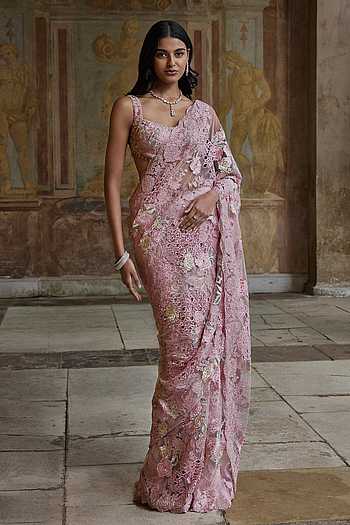 Dusty Pink Thread Work Saree With Blouse