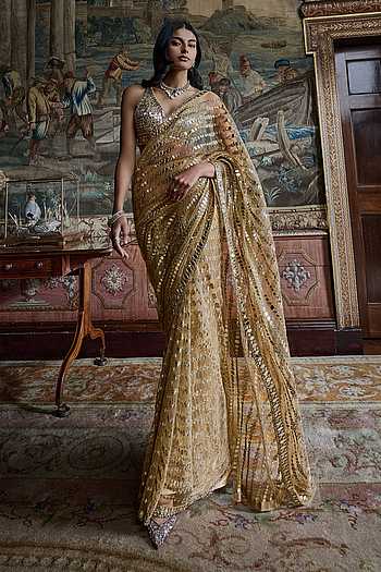 Gold Mirror Work Saree With Blouse