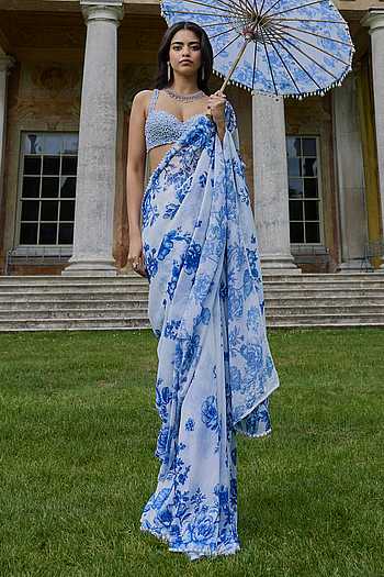 Ivory & Blue Sequin Saree With Blouse