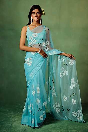 Blue Dogwood Chiffon Saree With Unstitched Blouse Piece