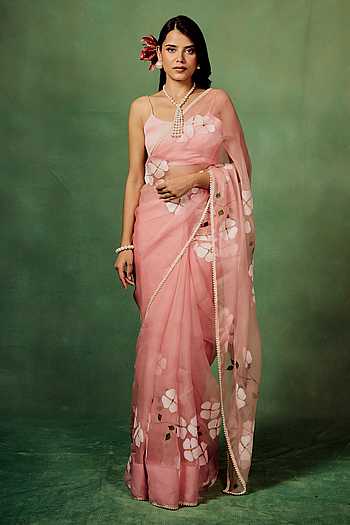 Dogwood Floral Painted Saree With Unstitched Blouse Piece