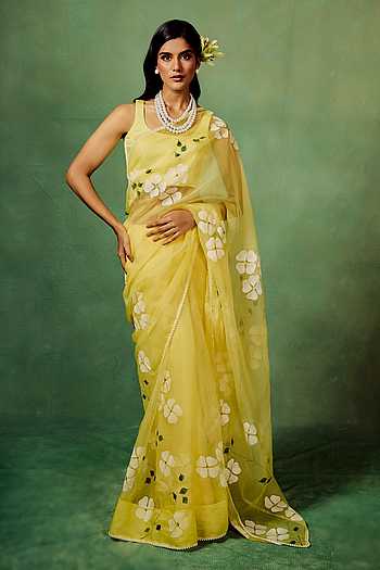 Dogwood Floral Painted Saree With Unstitched Blouse Piece