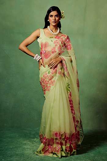 Pista Organza Saree With Unstitched Blouse Piece