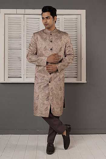 Beige Jacquard Woven Sherwani Set