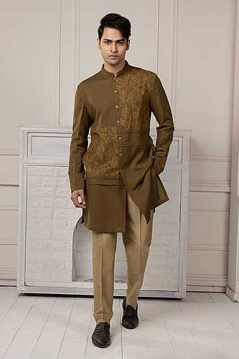Olive Green Embroidered Short Kurta Set