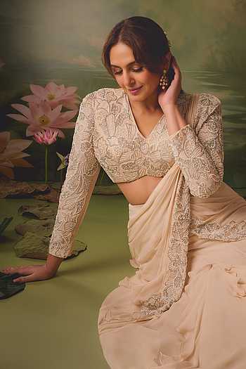 Ecru Powder Shoulder Blouse & Fishtail Saree Set