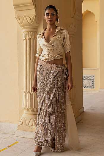 Kaia Gavadin Draped Cowl Neck Shirt With Skirt