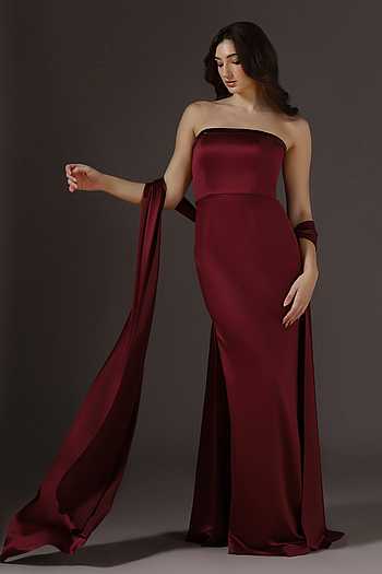 Yoke Embroidered Gown With Scarf