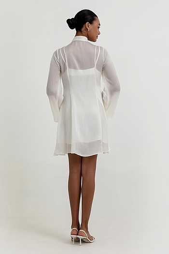 Buy White Satin Keyhole Neck Aubrielle Sheer Dress For Women by