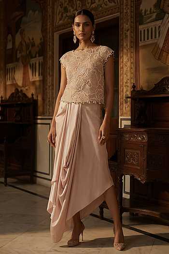 Applique Work Organza Blouse and Skirt Set