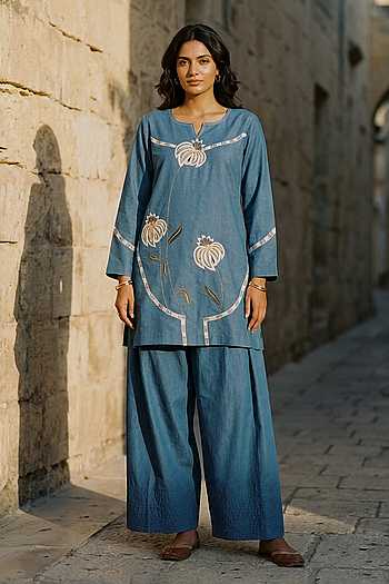 Denim Embroidered Kurta Set