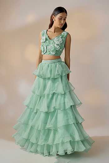 3D Floral Embroidered Blouse & Lehenga Set