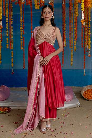 Flamingo Chanderi Silk Organza Satin Anarkali Set