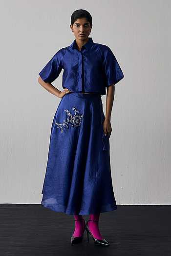 Hand Embroidered Dupion Silk Top & Skirt Set