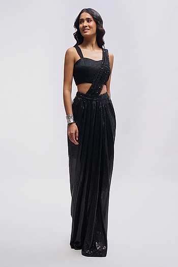 Sequin Draped Saree Skirt Set With Blouse