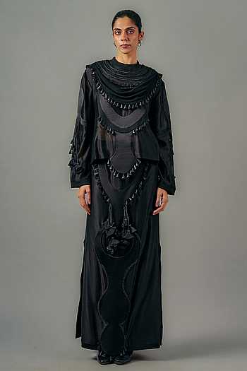 Quilted Neckline Draped Top & Skirt Set