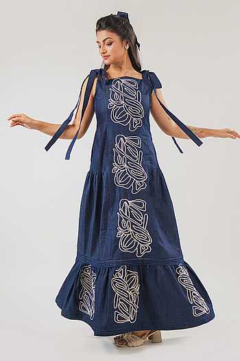 Cord Embroidered Denim Maxi Dress