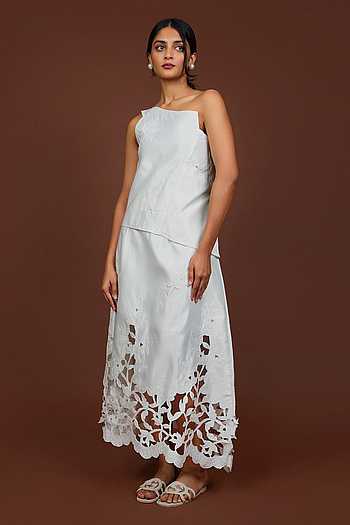 Lazer Cut Embroidered Silk Top & Skirt Set