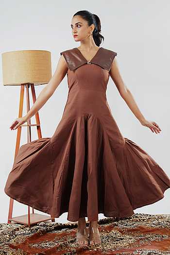 Leather Collar Godet Dress