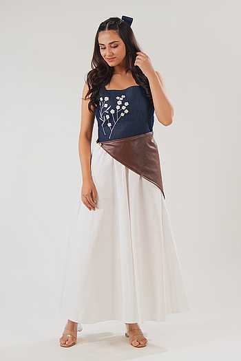 Embroidered Midi Dress With Leather Scarf