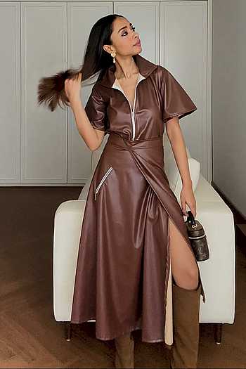 Mocha Leather Top & Draped Skirt Co-ord Set