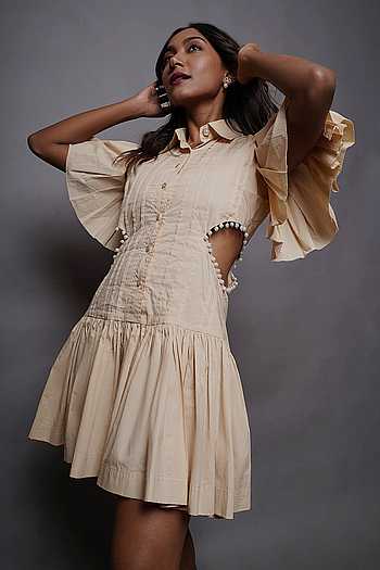 Side Cut Cotton Shirt Dress