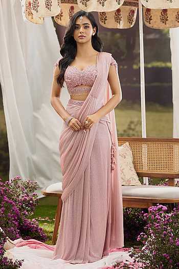 Pre-Draped Saree With Embroidered Blouse
