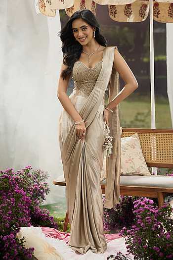 Pre-Draped Pastel Saree With Embroidered Blouse