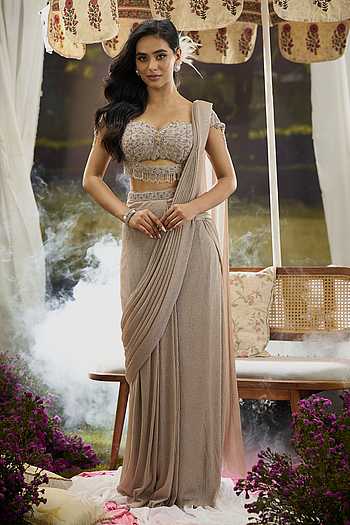 Pre-Draped Saree With Tassel Embroidered Blouse