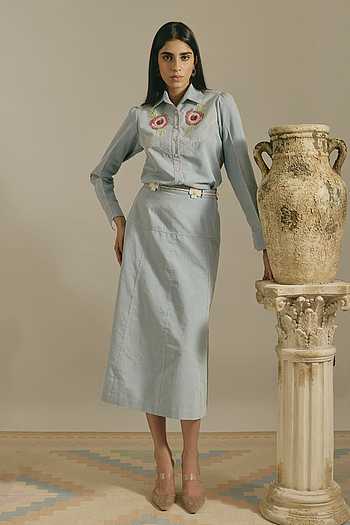 Rose Bloom Denim Top & Skirt Set