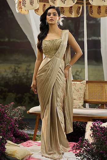 Pre-Draped Silk Saree With Embroidered Blouse