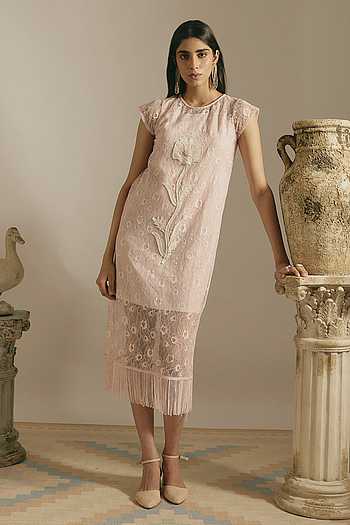 Sheer Blush Fringe Dress